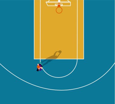 Basketbolcu, renkli sahada top oynuyor. Üst görüş alanı. Düz dizayn. Vektör illüstrasyonu.