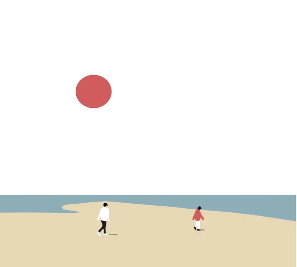 Duas Pessoas Caminhar Pela Praia Tornam Distantes Ilustrações Desenho Vetorial — Fotografia de Stock