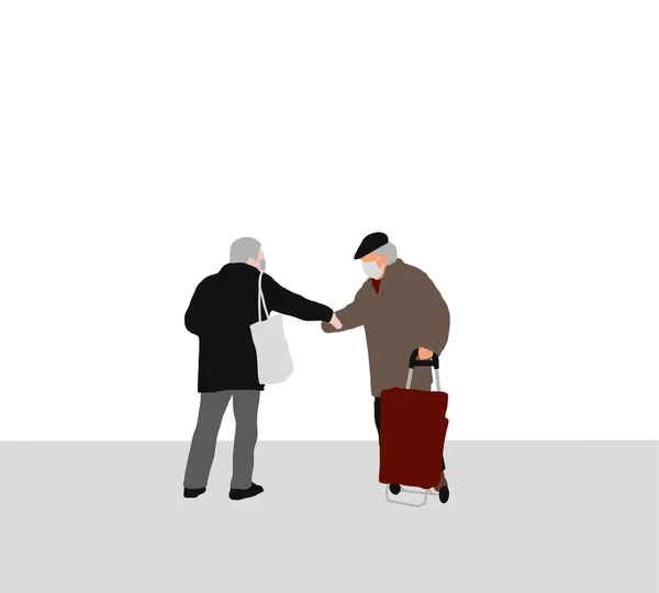 Old men with face mask talking and greeting each on street other vector illustration in flat style. Virus protection concept