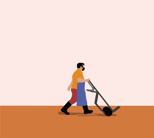 Man Face Mask Wearing Apron Pushing Empty Cart Market Vector — Stok Foto