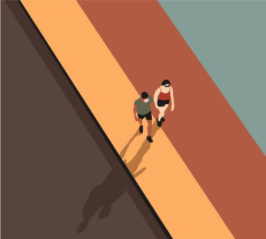 Birbirine aşık bir çift küçük bir nehrin karşısındaki köprüde yürüyor. Açık havada gevşetici romantik. Parkta bir yaz akşamı. Düz biçimli vektör illüstrasyonu.