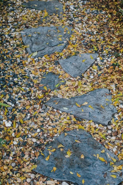 Gevallen Gele Herfst Bladeren Stenen Treden Tussen Blokken Bestrating Pad — Stockfoto