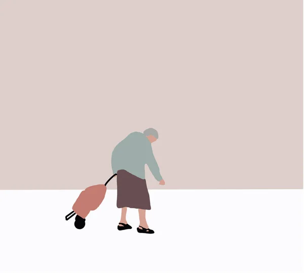 Старшая Женщина Сумкой Колесах Покупает Продукты Еду Векторная Плоская Шкала — стоковое фото