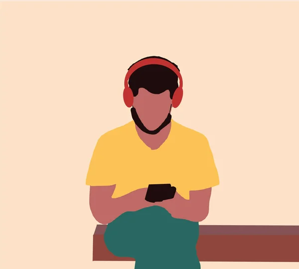 Muž Obličeji Sedí Veřejném Parku Pomocí Smartphonu Sluchátek Vektor Plochého — Stock fotografie