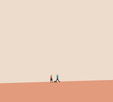 Modern şehir caddesinde köpekle yürüyen yaşlı bir çift. Emeklilik sabahı açık hava aktivitesi.