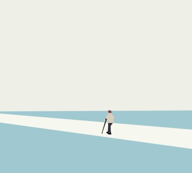 Kamu parkında asgari modern yolda yürüyen bastonlu yaşlı adam. Açık hava emekliliği.