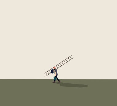 İnşaatçı merdiven ve inşaat malzemeleri taşıyor. Yenileme, bakım, onarım konsepti