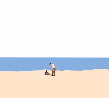 Baba ve oğul sahilde yaz tatilinin tadını çıkarıyorlar. Aile birlikte vakit geçirir. Modern çizgi film tasarımı.