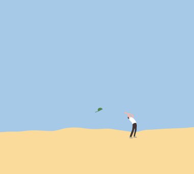 Çölde duran bir adamın kafası mavi gökyüzünde uçtu. Doğa doğa yaşam tarzı.