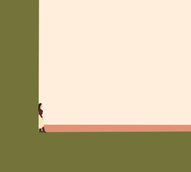 Modern şehir caddesinde elbise giyen bir kadın bina duvarına yaslanıyor. Modern minimal . Sanat tasarımı.