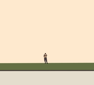 Şehir caddesinde akıllı telefon uygulaması kullanarak genç bir adam taksi çağırıyor. Modern şehir yaşam tarzı.