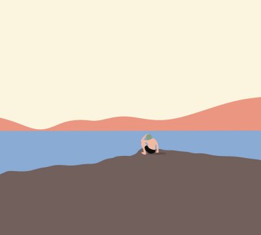 Mayo giymiş bir adam kayalık sahilde tek başına tatil boyunca deniz manzarasının tadını çıkarıyor..