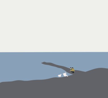 Turistler tatil boyunca kumsalda beyaz kaz ile güzel manzaranın tadını çıkarıyorlar. Doğal manzara arka planı.