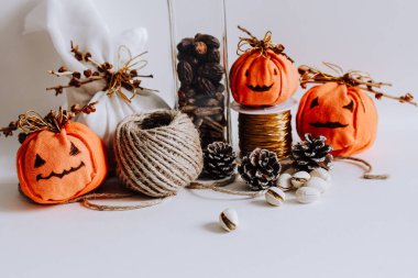 Basit ve zarif el yapımı Cadılar Bayramı meşe palamudu ve balkabağı feneri süslemesi