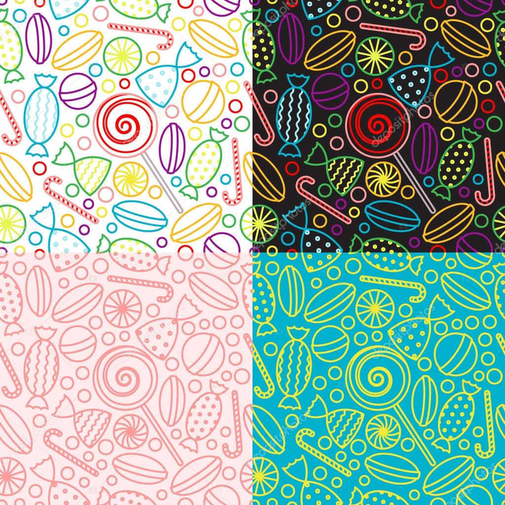 Backgrounds with candy icons in trendy linear style. templates for packaging for sweets, candies and dessert.