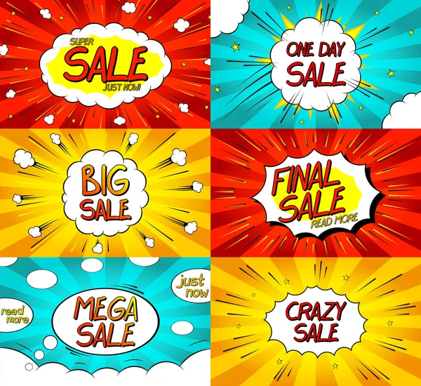 Set de pancartas de promoción de descuento de venta de cómic Pop art — Vector de stock