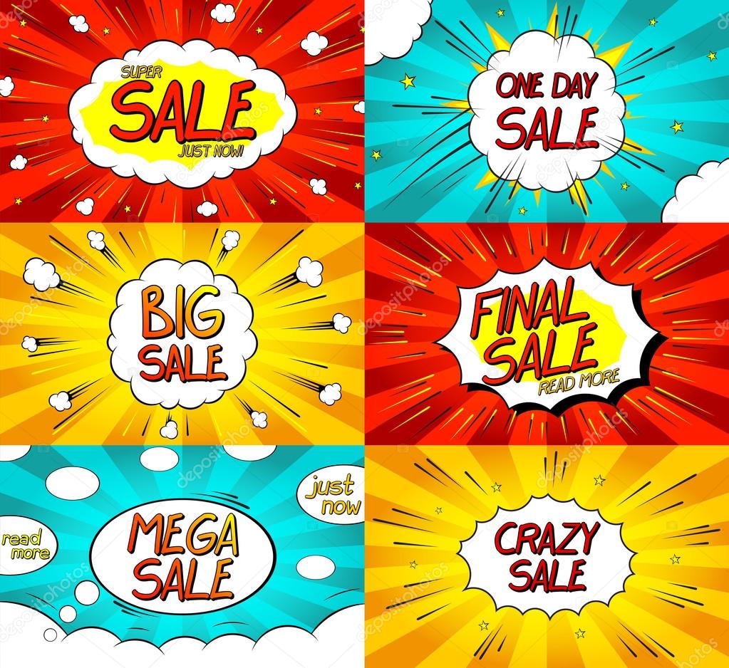 Set of Pop art comic sale discount promotion banners