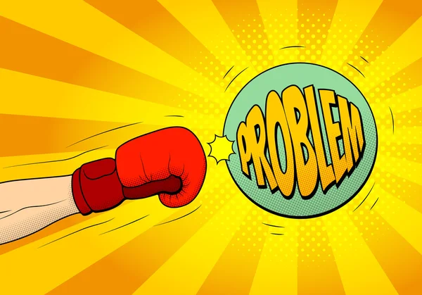 Hand van bokser in Bokshandschoen slaat een bal met naam stress in popart retro stijl — Stockvector