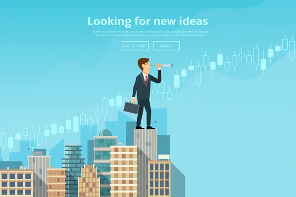 Empresário olhando através de spyglass e à procura de novas ideias, tendências, mercados — Vetor de Stock