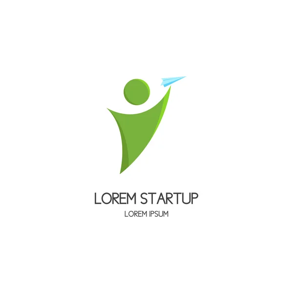 Logo des Start-ups mit Person startet Papierflugzeug. — Stockvektor