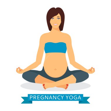 Hamile kadın iken lotus pozisyonu oturuşta beyaz arka plan üzerinde izole meditasyon.