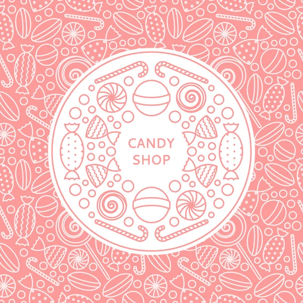 Candy shop logo and seamless patterns with candies in trendy linear style. — Stock Vector