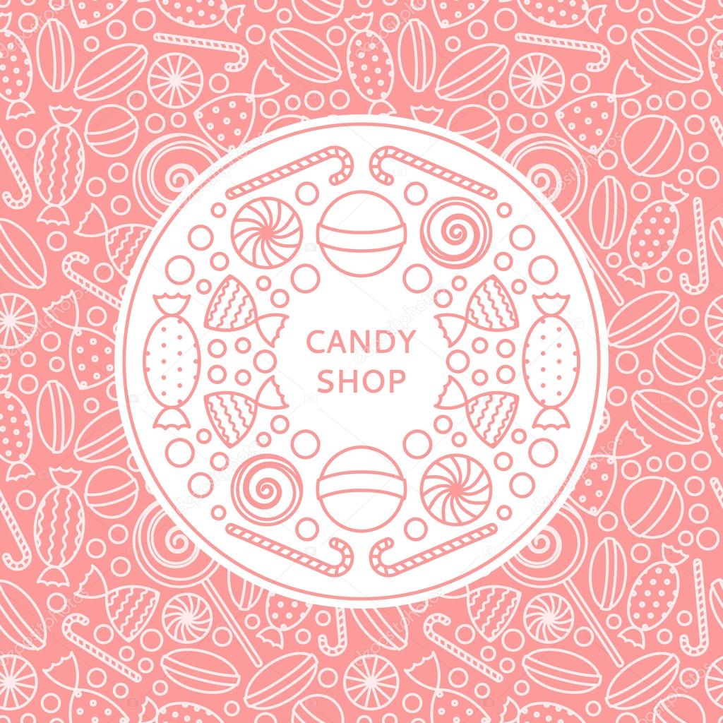 Background with pink candy icons in trendy linear style. Vector illustration.