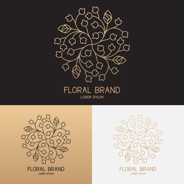 Plantilla vectorial de logotipo floral en estilo lineal de moda — Vector de stock