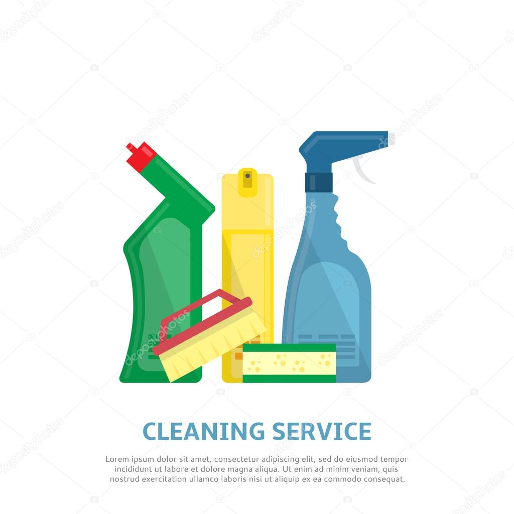 Vector illustration with brush, sponge, detergent product, glass cleaner, freshener for air.
