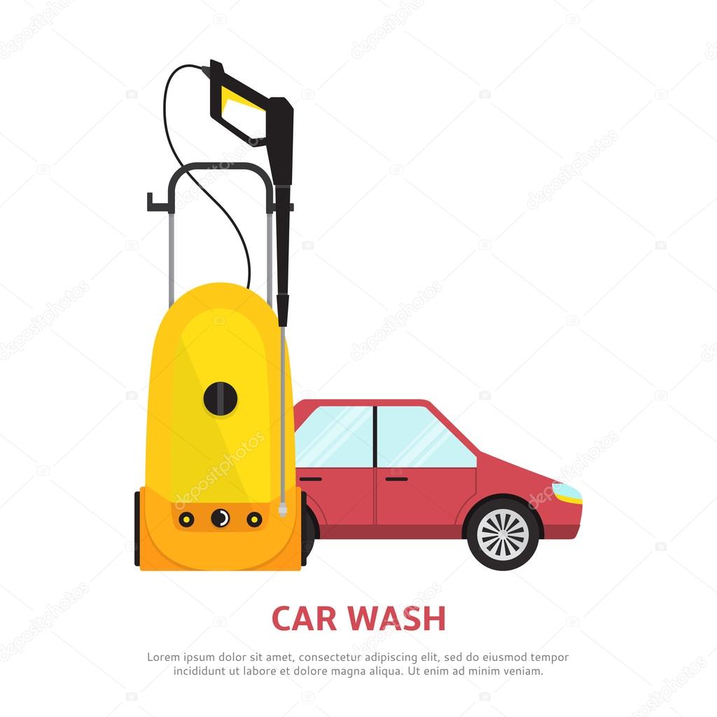 Vector illustration with car, tool for hand car wash.