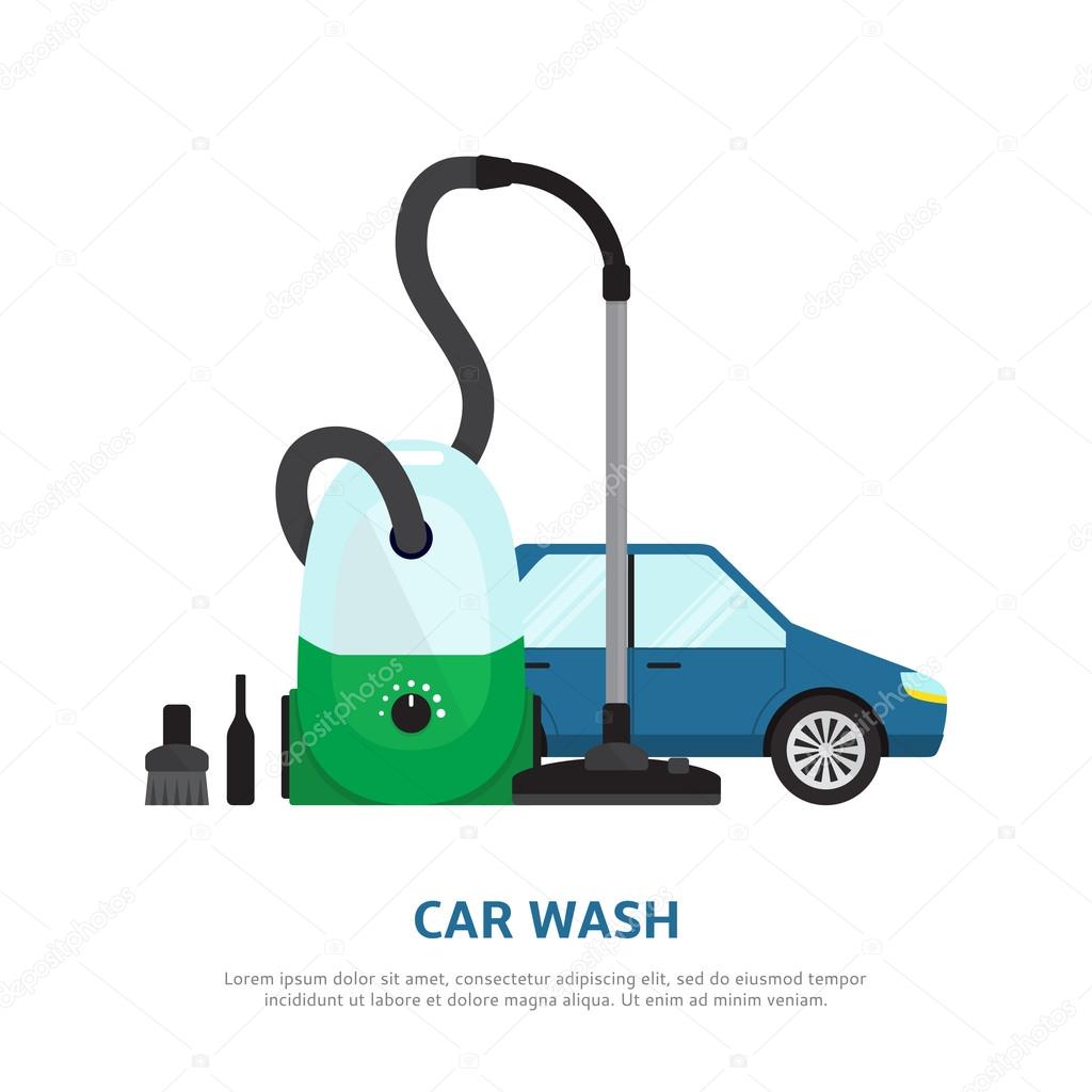 Vector illustration with car, vacuum cleaner in flat style