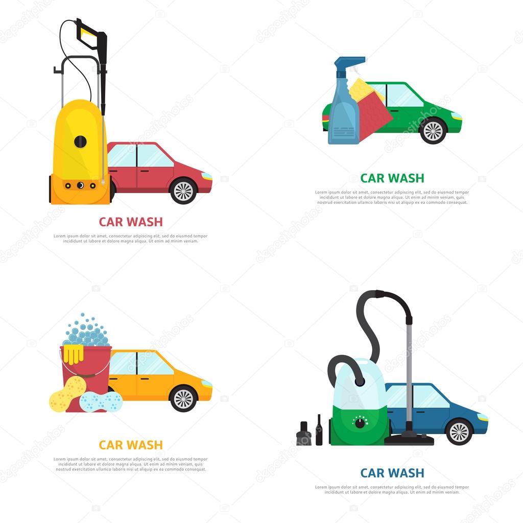 Vector illustration with cars detergent products and different tools.