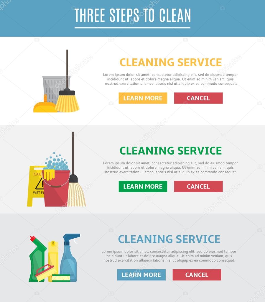 Vector illustration with brush, sponge, detergent product, glass cleaner, broom, mop and other different tools for cleaning. Icons in flat style.