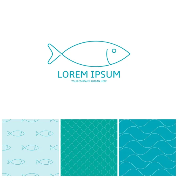 Fish logo template and seamless patterns — Stock Vector