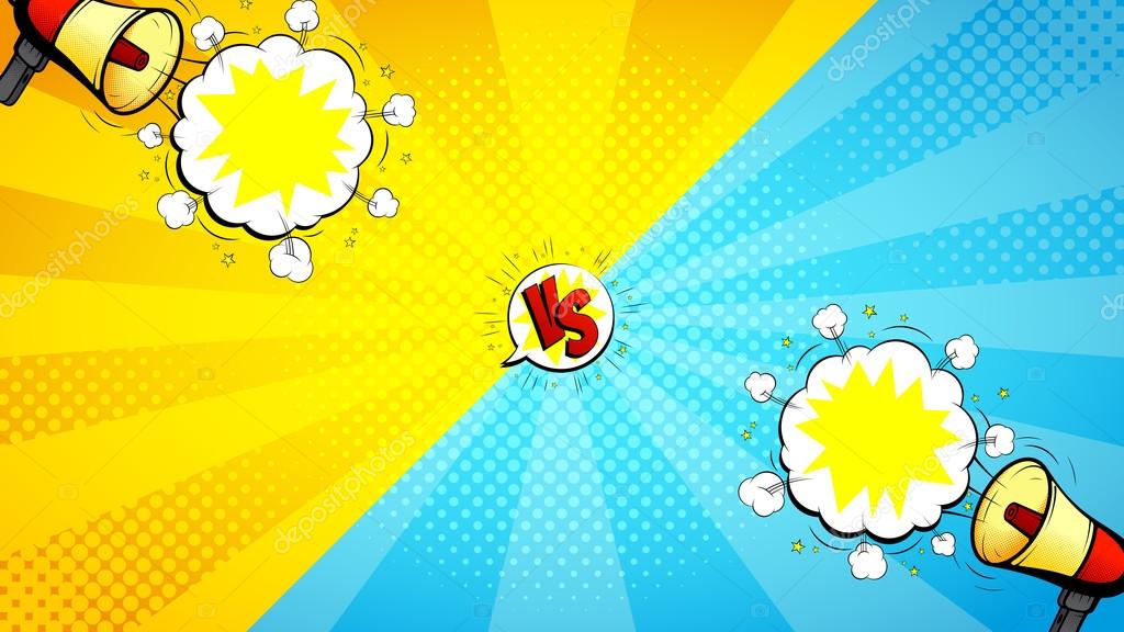 Vector background with loudspeakers and speech bubbles. Decorative backdrop with bomb explosive in pop art style.