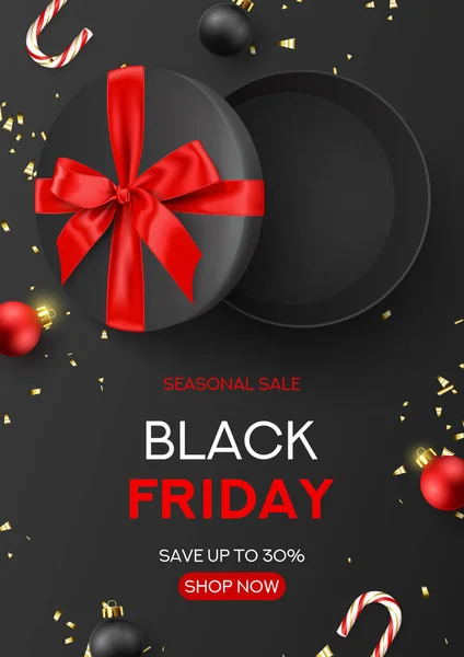 Black Friday Sale Flyer Template Holiday Background Gift Box Christmas — Stock Vector