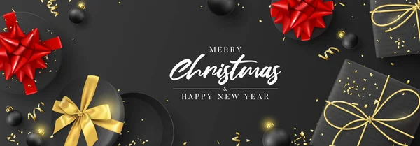 Vrolijk Kerstfeest Gelukkig Nieuwjaar Spandoek Vakantie Achtergrond Met Geschenkdozen Kerstballen — Stockvector