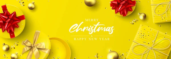 圣诞快乐 新年快乐 节日背景 有礼品盒 圣诞球 金丝雀和黄色背景的五彩纸屑 矢量说明 — 图库矢量图片