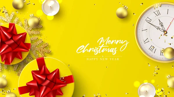 Buon Natale Felice Anno Nuovo Banner Sfondo Vacanza Con Scatole — Vettoriale Stock