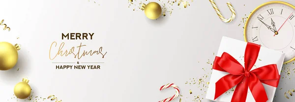 God Jul Och Gott Nytt Banner Semesterbakgrund Med Realistisk Presentask — Stock vektor