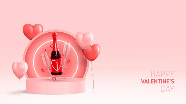 ハッピーバレンタインデーカード 赤とピンクの風船 ネオンサークル ラウンドステージ 現実的なシャンパンボトル メガネとコンフェッティと休日の背景 3Dレンダーオブジェクトとベクトルイラスト — ストックベクタ