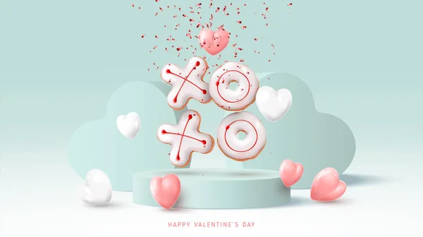 ハッピーバレンタインデーのバナー ホワイトとピンクのハート ラウンドステージ リアルなXoのクッキーとコンフェッティで休日の背景 3Dレンダリングオブジェクトを使用したベクトル図 — ストックベクタ