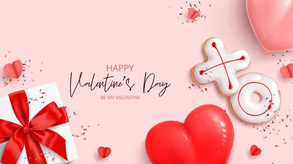 Všechno Nejlepší Valentýnu Rekreační Zázemí Realistickými Cookies Papírovými Srdci Dárkovou — Stockový vektor