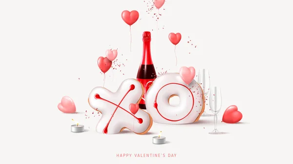 情人节快乐横幅 假日背景与香槟酒瓶 现实Xo饼干 意大利面 带3D的矢量图解渲染情人节的对象 — 图库矢量图片