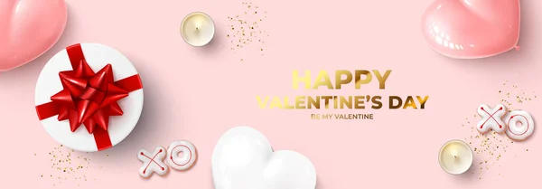 Sevgililer Günün Kutlu Olsun Gerçekçi Kurabiyeleri Mumlar Hediye Kutuları Balonlar — Stok Vektör