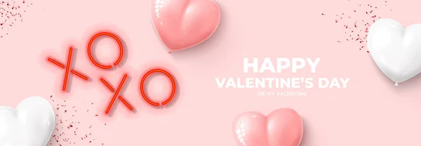 Sevgililer Gününüz Kutlu Olsun Üzerinde Gerçekçi Neon Mektuplar Balonlar Pembe — Stok Vektör