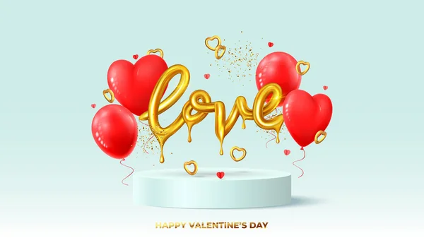 Happy Valentine Day Urlaubsbanner Realistisches Goldtröpfchendes Wort Liebe Rote Luftballons — Stockvektor