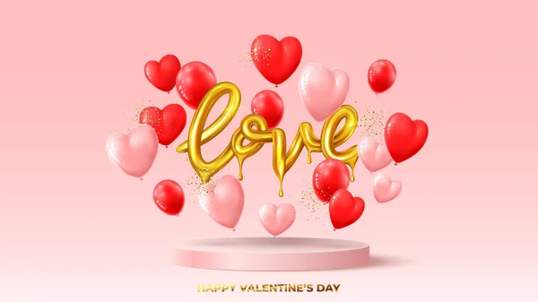 Happy Valentine Day Urlaubsbanner Realistisch Goldtröpfchendes Wort Liebe Rote Und — Stockvektor