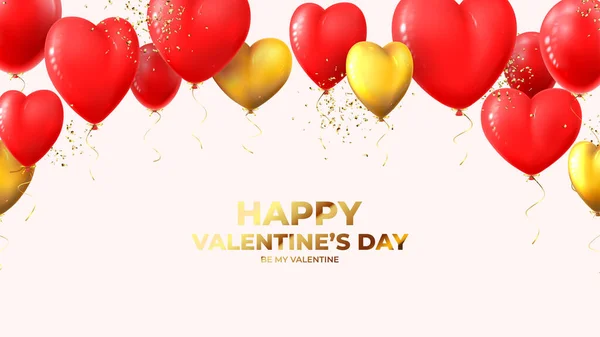 Happy Valentine Day Banner Realistic Red Gold Balloons Golden Confetti — Stock Vector