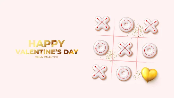 ハッピーバレンタインデーのバナー 現実的なXoクッキー 黄金の心とコンフェッティと休日の背景 チックタックトゥゲームの概念 バレンタインデーのための3D装飾オブジェクトとベクトルイラスト — ストックベクタ